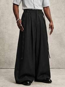 PAVTROS Pantalones de pierna ancha de unicolor plisados casuales y versátiles para uso diario para hombres - Negro - Ver 3