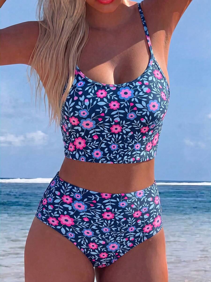 Swim Vcay 女款花卉印花分體式比基尼上衣與三角比基尼下褲兩件式泳衣套裝 - 彩色 - 查看 1