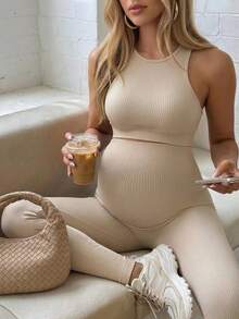 SHEIN Maternity Round Neck Textured Cropped Tank Top And Sports Long Pants Set - Khaki - View 1