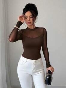 Elenzga Women's Autumn/Winter Elegant Solid Color Stretch Slim Fit Sheer Patchwork Long Sleeve Top - Brown - View 6