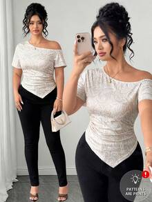 Elenzga Camiseta de mujer talla grande con estampado de encaje, tela de punto, dobladillo asimétrico, cuello asimétrico, manga corta, cintura ceñida, corte A, casual, elegante, cómoda, de moda para uso diario, hogar, vacaciones en la playa, fiesta romántica, cita, invitada a boda, trabajo, versátil, beige blanco - Multicolor - Ver 7