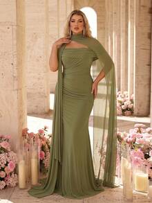 Glamrae Plus Size Olive Green Spring Elegant Formal Prom Wedding Chiffon Off-Shoulder Shaping Fish Bone Fish Tail Pleated Side Drape Multi-Wear Halter Dress - Green - View 8
