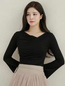 DAZY Women's Solid Color Cowl Neck Flare Sleeve Fashion T-Shirt Fall - Black - View 4