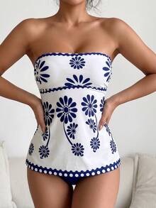 SHEIN Swim Women's White And Blue Floral Bikini 2Pcs Set,80s Summer Bustier Crop Top,Solid Triangle Swimsuit,Elegant Holiday Pool Party Swimwear,Holiday Beach - Multicolor - View 3