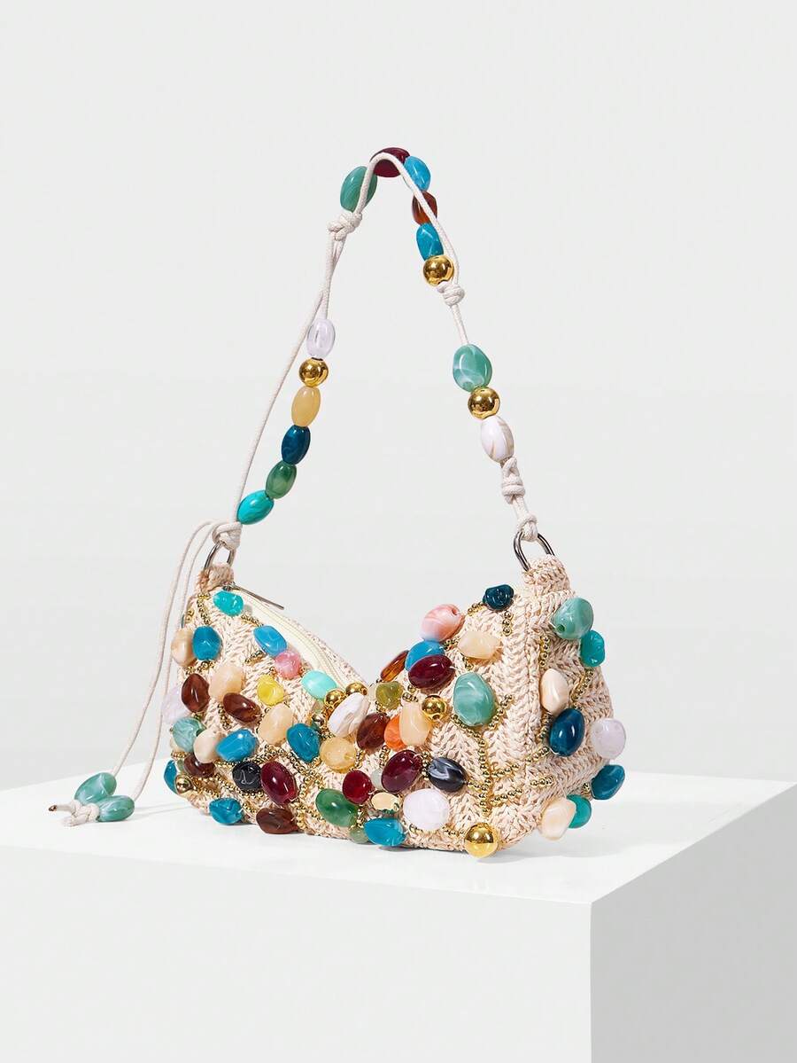 MOTF LADIES FASHION COLORED STONE + BEIGE STRAW BAG, EXQUISITE VACATION DESIGN SHOULDER BAG, SUITABLE FOR DAILY, PARTY, PARTY, VACATION, BEACH, SEASIDE - Beige - View 2