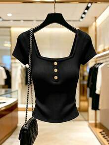 GlowEve Ribbed Square Neck Metal Buckle Commuter Style Elegant Slim Fit Short Sleeve Women's Sweater Brunch Black Autumn - Black - View 1