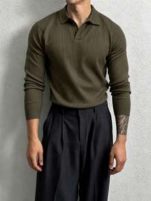 Manfinity Homme 男士素色長袖休閒羅紋針織 Polo 衫，正式款 - 軍綠色 - 查看 3