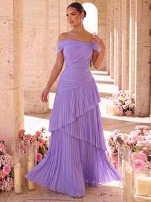 Glamrae Elegant Formal Princess Luxurious Glossy Organza Satin Pleated Off-Shoulder Mermaid A-Line Dress Suitable For Wedding Prom Vow Bachelor Party - Mauve Purple - View 5