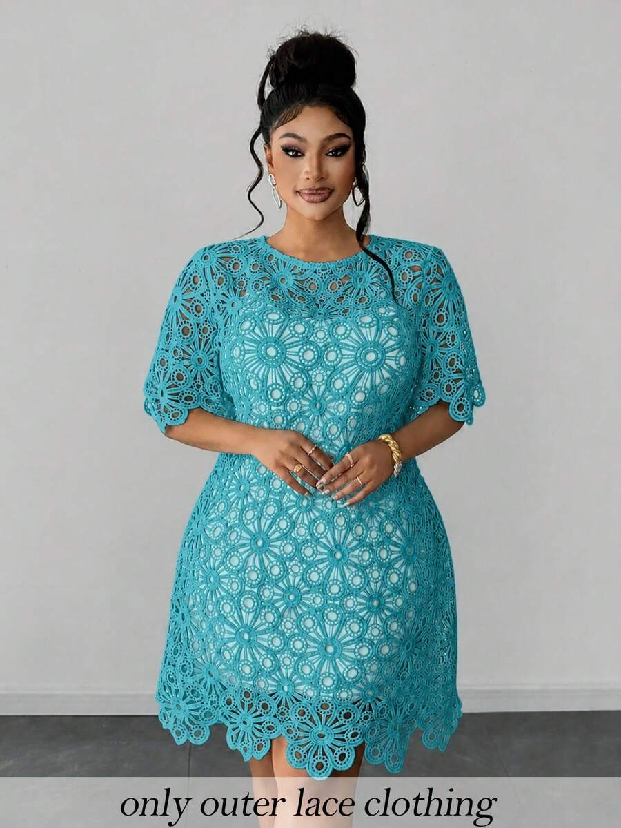 Maweii 大尺碼女款純色鏤空設計圓領短袖優雅 Eleganza 洋裝,婚禮正式場合,青色,夏季 - 水鴨藍 - 查看 1