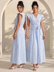 Structelle Women's V-Neck Striped Casual Daily Summer Long Dress - Multicolor - View 4