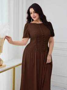 Modelyn Plus Size Women Solid Color Pleated Casual Party Dress - Coffee Brown - View 4