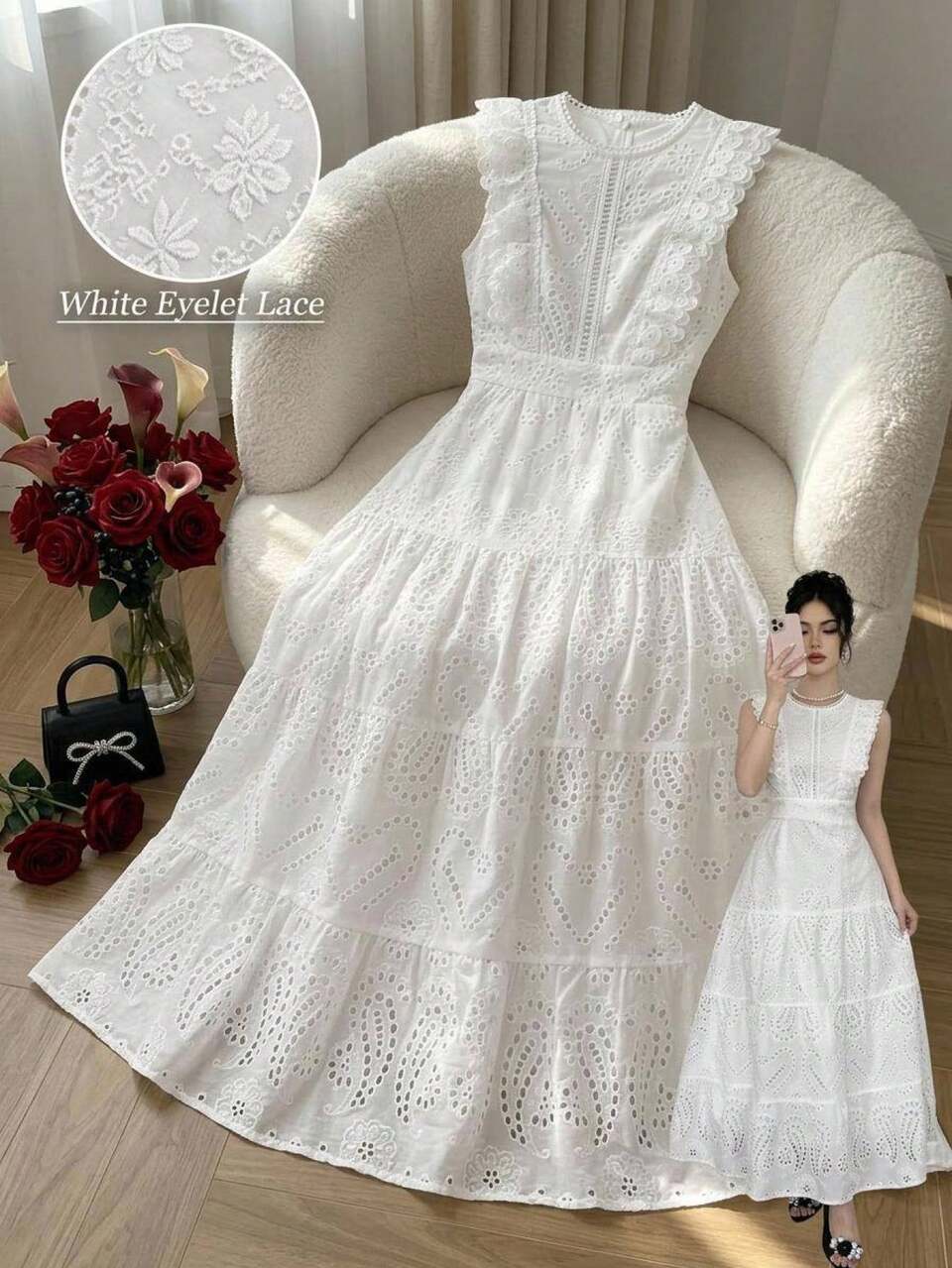 Elegant Lace White Long Dress, Casual & Suitable For Holidays, Spring/Summer Sun Dresses For Women