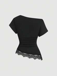 Sweetra Women's Black Casual Minimalist Asymmetrical Shoulder Ruched Waist Slim Fit Lace Patchwork Short Sleeve T-Shirt & Comfortable Versatile Drape Straight Leg Wide Leg Long Pants 2-Piece Set - Black - View 7