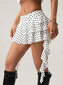 SHEIN ICON Women's Polka Dot Ruffle Hem Fashion Versatile Date & Travel Mini Skirt - Black and White - View 5