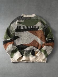 ROMWE MEN Men's Colorblock Crew Neck Long Sleeve Casual Loose Fit Sweater - Green - View 2
