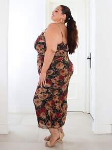 Pretty and Ole Vestido Midi Talla Grande Vintage Años 70 con Estampado Floral de Pintura al Óleo, Fruncido, Ajuste Ceñido, Bajo de Sirena, Estilo Bustier y Corsé, para Citas, Verano y Fiesta - Multicolor - Ver 2
