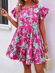 Breezaya Women Summer Solid Color Round Neck Loose Babydoll Dress With Ruffle Trim Vacation Beach Outfit - Multicolor - View 3