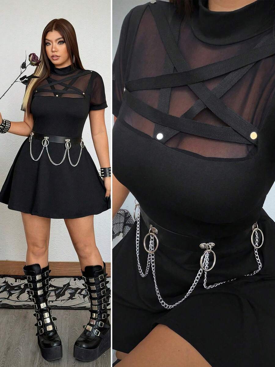 Whyspr New Battle-Damaged Wasteland Style Dark Distressed Patchwork Rope Short Sleeve Dress, Hollow Sexy High-End Studded Rivet Five-Point Star Cutout Design Mesh Patchwork Short Sleeve Dress For Women, New Summer Slim Fit Hot Girl Flattering Casual Niche Design Short A-Line Dress - Black - View 1