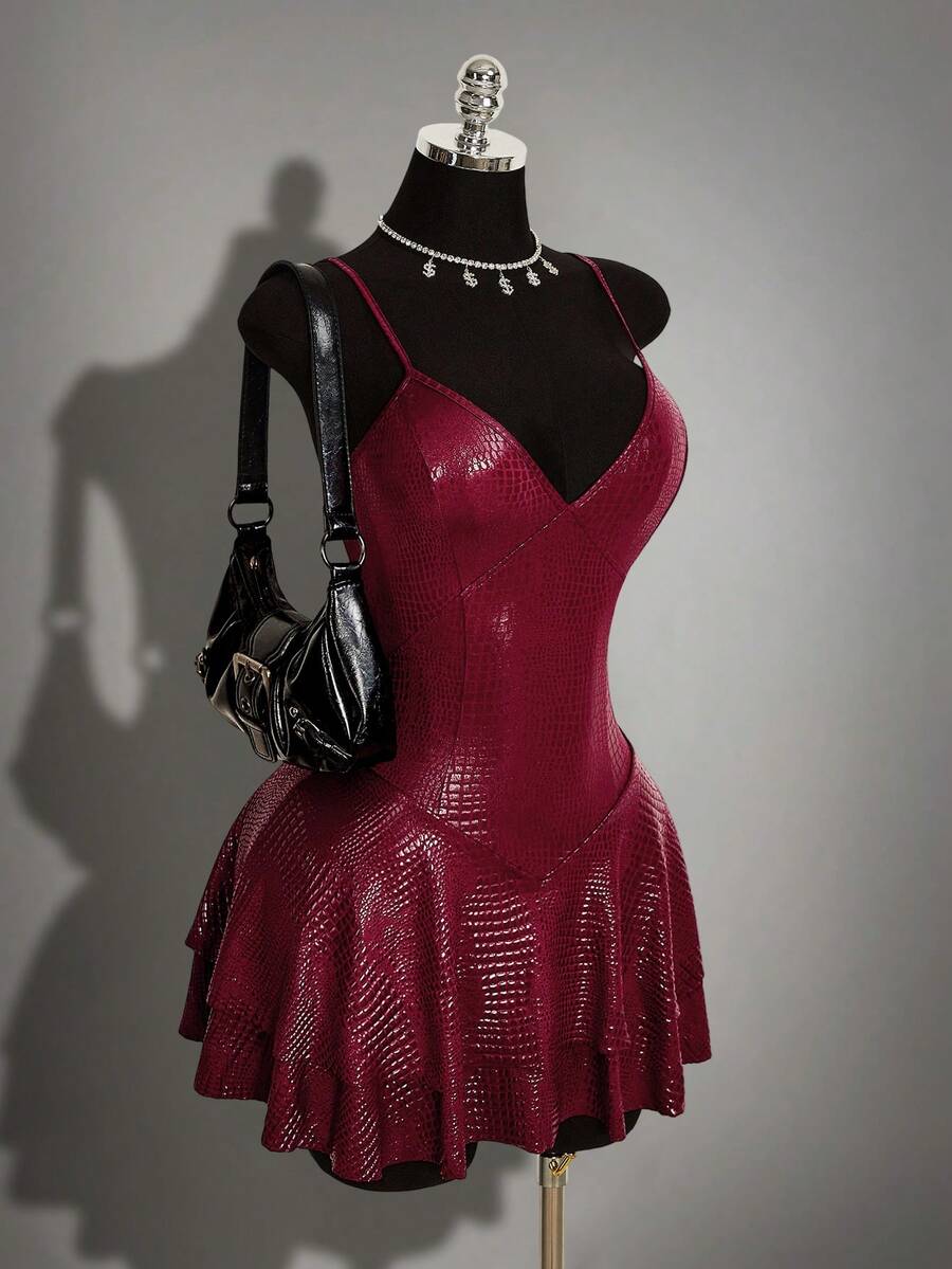 SHEIN ICON Women's Solid Color PU Leather Fashion Date Birthday Club Night Out Rave Party Mini Cami Dress Burgundy Autumn Sexy Halloween - Burgundy - View 1