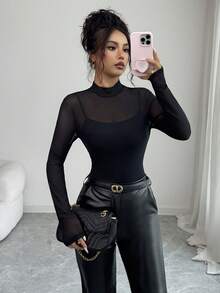 Selianne New Early Autumn Women Elegant Black Mesh Mock Neck Long Sleeve Slim Top With Inner Camisole, Figure-Hugging Design, Mature Hot Girl Style For Commute - Black - View 4