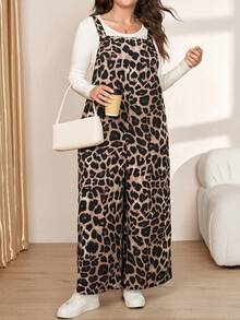 Comfylo Plus Size Leopard Print Wide Leg Jumpsuit - Brown - View 6