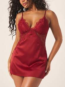 MISSGUIDED Satin Mini Sleep Dress With Delicate Lace Trim Deep V Neck Lingerie Nightgown Intimate Sleepwear - Red - View 5