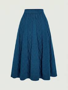 SHEIN MOD تنورة محبوكة متعددة الاستخدامات بخصر عالي وتصميم كابل بلون القهوة لفصل الخريف/الشتاء - ازرق مخضر - مشاهدة 4