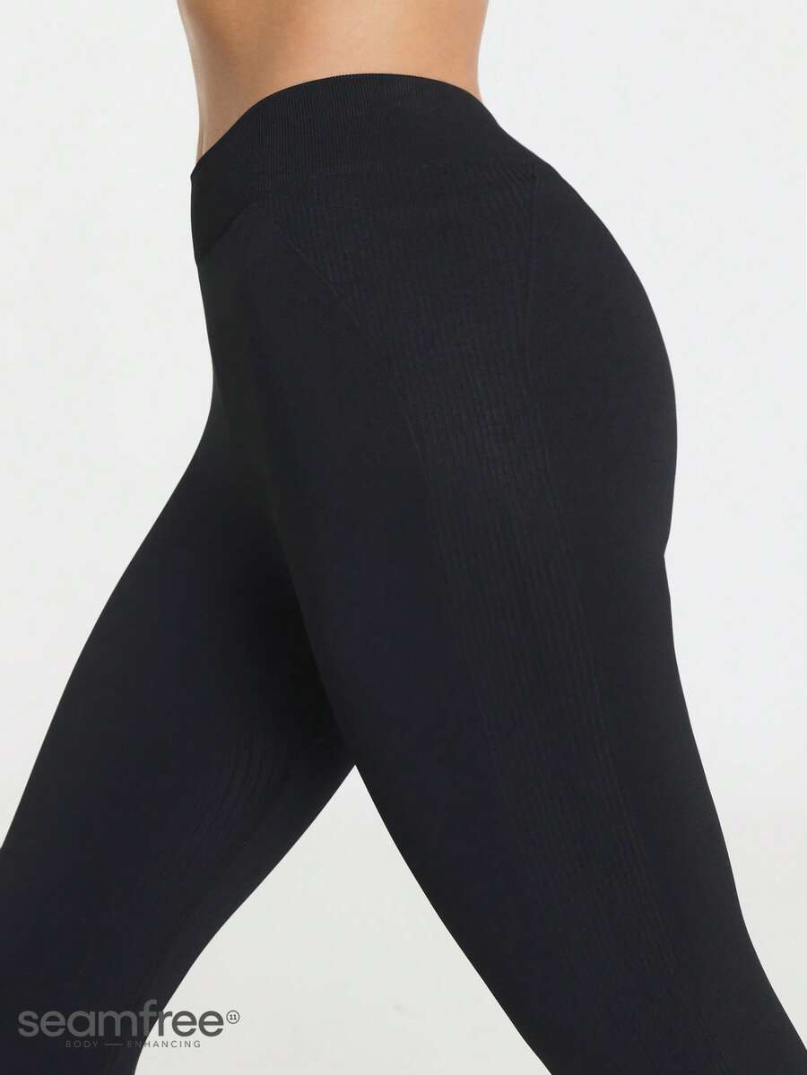 11SKNDS Seamless High Waist Leggings With Ribbed Texture Detail, Full Length Compression Tights With Sweat-Wicking, Stretchy, Buttery-Soft, Tummy Control, Sculpting Fit & Butt-Lifting, For Workout Fitness Studio, Running, Training & Hy-Rox - Black - View 1