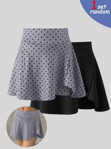 SHEIN Girls Spring/Summer Polka Dot Skirt, Casual All-Match Versatile Sport Fitness Yoga Ballet Dance School Leggings Skirt, Knitted Skirt With Ruffle Hem - Multicolor - View 1
