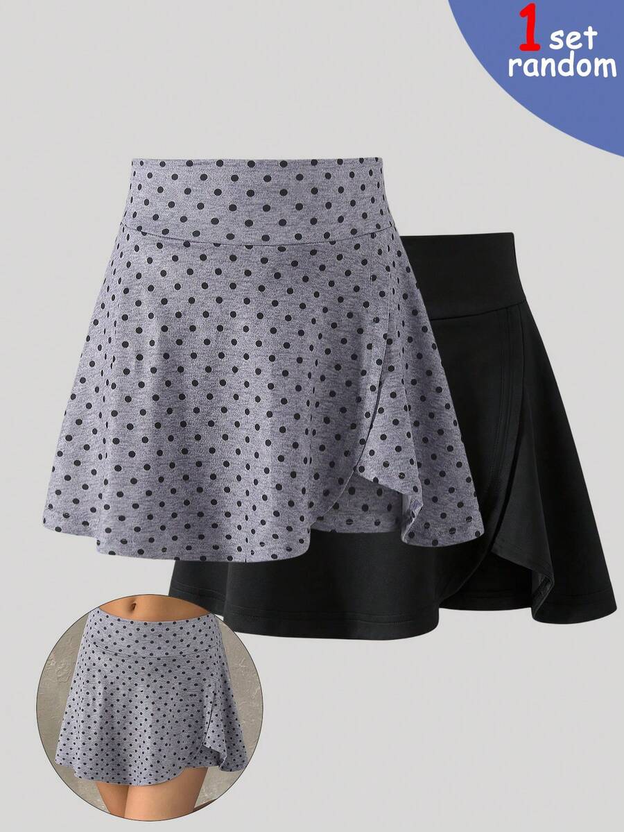 SHEIN Girls Spring/Summer Polka Dot Skirt, Casual All-Match Versatile Sport Fitness Yoga Ballet Dance School Leggings Skirt, Knitted Skirt With Ruffle Hem - Multicolor - View 1