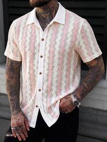 Manfinity CasualCool Men's Contrast Color Front Button Short Sleeve Striped Shirt - Pink - View 6