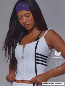 Musera Sport White Striped Style Contrast Double Layered Zip Up Top Only With Crossover Back Gym Active Sports Pilates Running Cute Daily Everyday Void - White - View 2