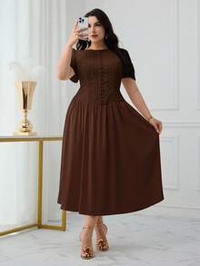 Modelyn Plus Size Women Solid Color Pleated Casual Party Dress - Coffee Brown - View 8