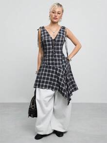 COUREZ Asymmetric Hem Layering Dress In Check Plaid With Lace Up Detail/Y2K Grunge Summer Clothes For Women Concert Outfits Halloween Black Plaid - Black and White - View 2