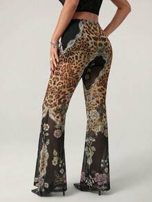 SHEIN ICON 女款時尚百搭豹紋與花卉印花喇叭褲 - 棕色 - 查看 2