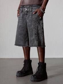 ROMWE MEN Street Life Men's Denim Shorts, Vintage Washed Black Gray Embossed Letter Design, Double Waistband Raw Hem Loose Wide Leg Denim Bermuda Pants, Loose Straight Leg Hip-Hop Street Style Distressed Denim Mid-Length Shorts - Grey - View 1