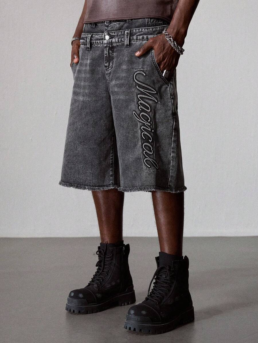 ROMWE MEN Street Life Men's Denim Shorts, Vintage Washed Black Gray Embossed Letter Design, Double Waistband Raw Hem Loose Wide Leg Denim Bermuda Pants, Loose Straight Leg Hip-Hop Street Style Distressed Denim Mid-Length Shorts - Grey - View 1