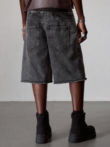 ROMWE MEN Street Life Men's Denim Shorts, Vintage Washed Black Gray Embossed Letter Design, Double Waistband Raw Hem Loose Wide Leg Denim Bermuda Pants, Loose Straight Leg Hip-Hop Street Style Distressed Denim Mid-Length Shorts - Grey - View 3
