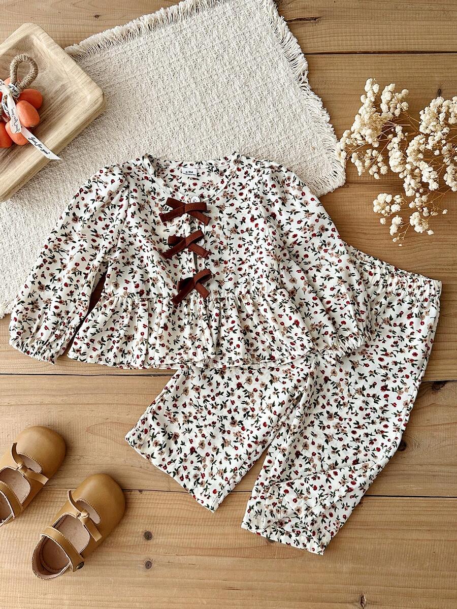 SHEIN Vintaside Kids 女嬰幼兒新生兒 0-3 歲秋冬款百搭日常休閒碎花長袖上衣 + 長褲套裝