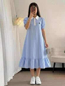SHEIN 1件青少年女孩學院風拼接洋裝，配有清新白色領口與袖口，下擺條紋百褶裙與上身相呼應，整體風格清新年輕，適合日常通勤或休閒外出 - 藍色 - 查看 2