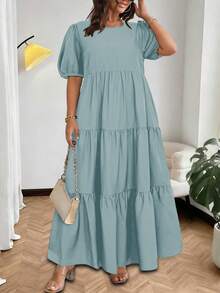 Vionelle Plus Size Women's French Casual Elegant Round Neck Short Sleeve Dress - Sky Blue - View 1