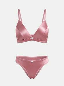 lacRébo Pink Stretch Satin Lingerie Set With Triangle Bra, Matching Brief And Flower Trim Cute Romantic - Pink - View 6