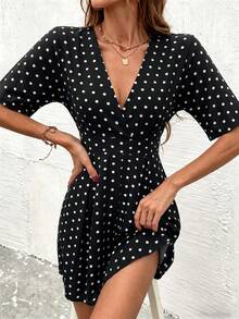 SHEIN 女款V領波點休閒約會旅行夏季洋裝 - 黑色 - 查看 3