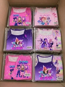 少女休閒卡通印花細肩帶上衣與短褲家居服套裝，適合夏季 - 彩色 - 查看 12