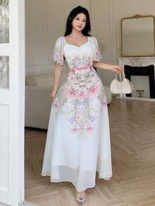 Modelyn 女款雪紡拼接印花蝙蝠袖短袖抓皺夏季甜美洋裝 - 彩色 - 查看 6