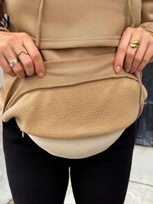SHEIN Maternity Solid Color Long Sleeve Casual Drawstring Hooded Nursing Sweatshirt Winter - Camel - View 10