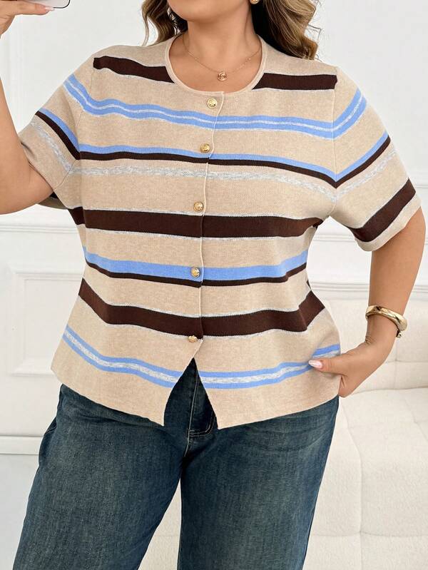 SHEIN CURVE+ Plus Size Women's Striped Single-Breasted Short Sleeve Casual Knit Sweater, Striped Knit Top, Women's Short Sleeve Top, Casual Women's Top