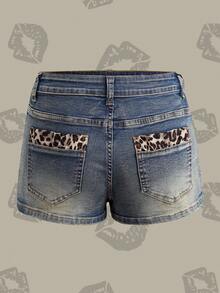 Betty Boop x SHEIN Women's Patchwork Leopard Print Pocket Fashion Denim Shorts - Blue - View 10