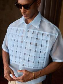 AKNOTIC Men's Single-Breasted Organza Woven Trim Short Sleeve Shirt - Baby Blue - View 10