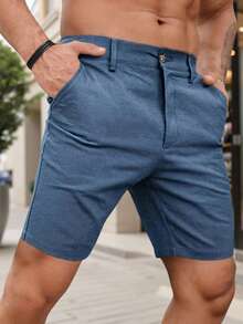 Manfinity Homme Pantalones cortos casuales versátiles de unicolor con bolsillo y botones para uso diario y viajes para hombres - Azul - Ver 4